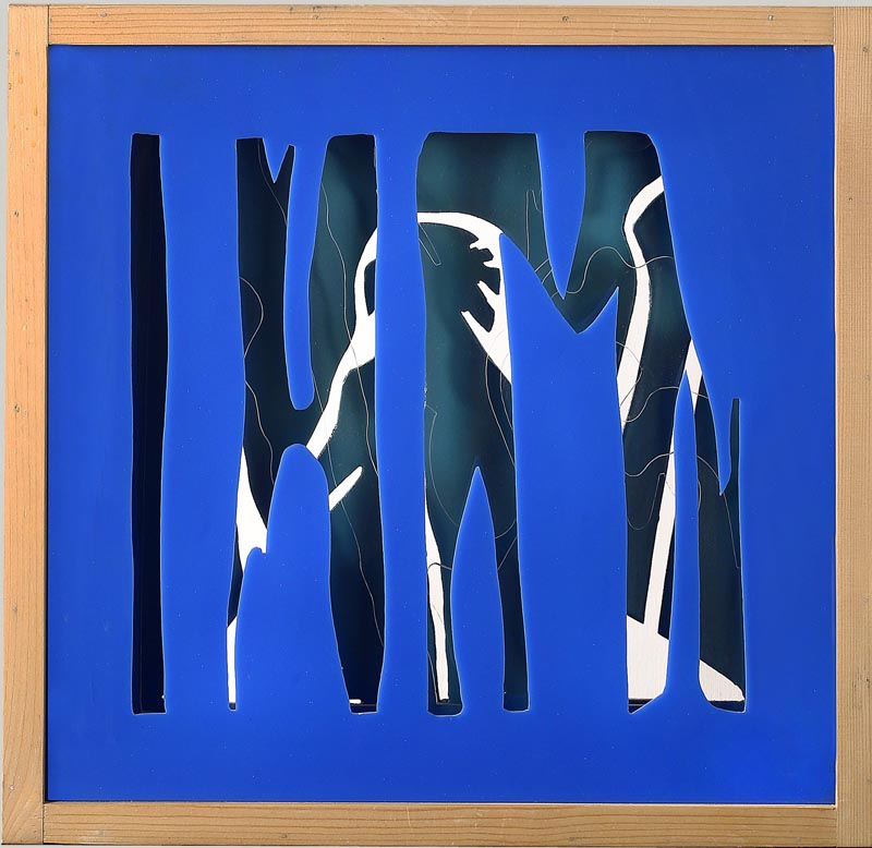 opera d'arte moderna astratta pannelli plexiglass e legno blu intagliati sovrapposti