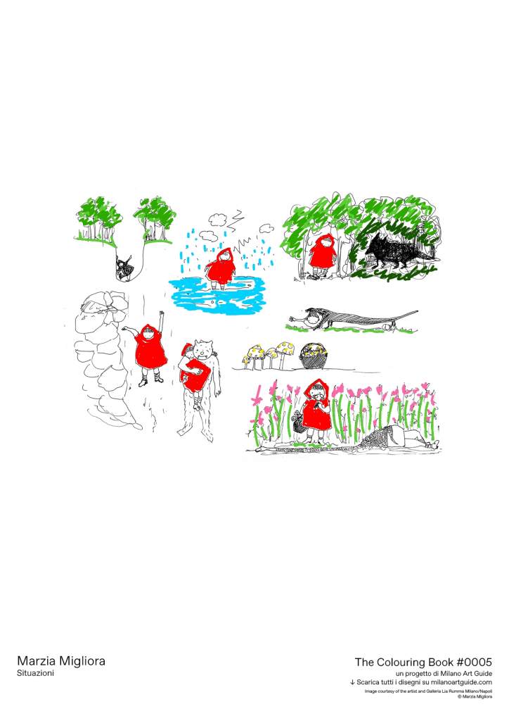 disegno in bianco e nero, colorato digitalmente, vignette con fiaba di Cappuccetto Rosso rivisitata da artista Marzia Migliora, da originale disegno numero 5 del progetto The Colouring Book