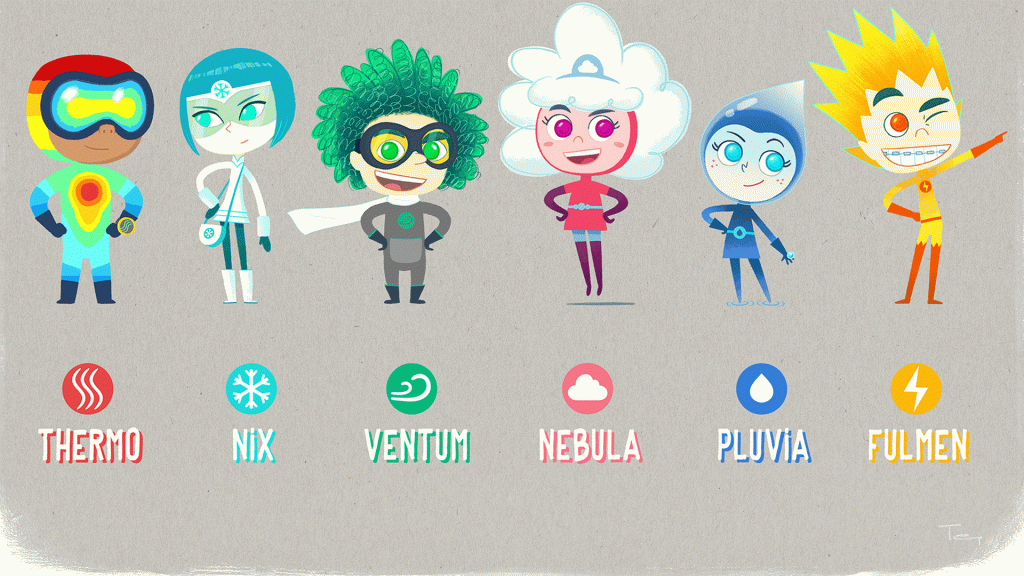 MeteoHeroes i personaggi Pluvia, Nubess, Fulmen, Nix, Ventum e Thermo