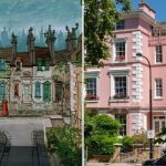 facciata della casa rosa a Londra con le grandi finestre affiancata al disegno della disnei per il cartone animato la carica dei 101