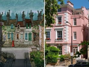 facciata della casa rosa a Londra con le grandi finestre affiancata al disegno della disnei per il cartone animato la carica dei 101