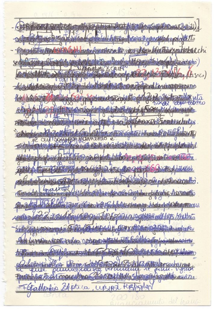 opera d'arte di Samuele Bartolini, pagina bianca con scritte blu e rosse, mostra at the Edge of Chaos
