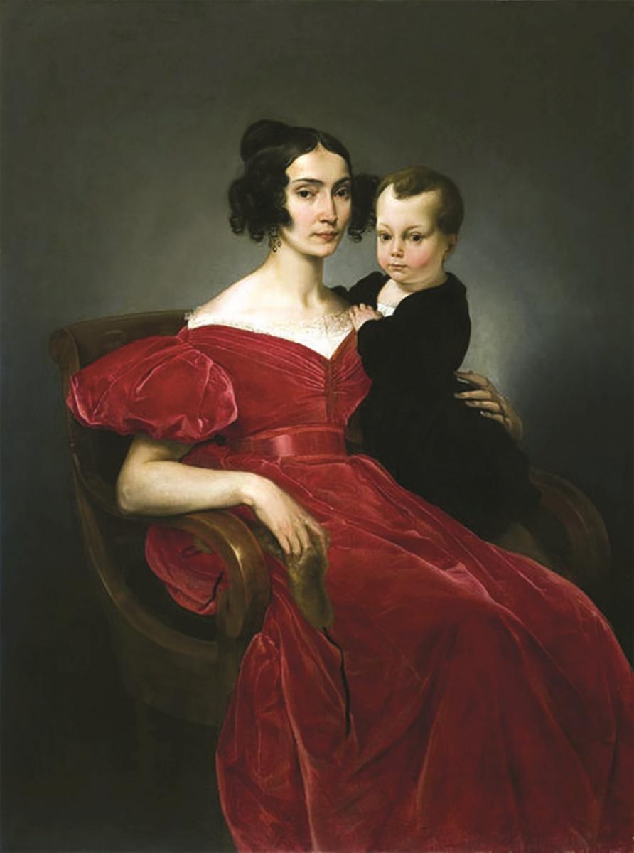 dipinto antico di Francesco Hayes, ritratto di donna in abito rosso velluto seduta con figlio in braccio