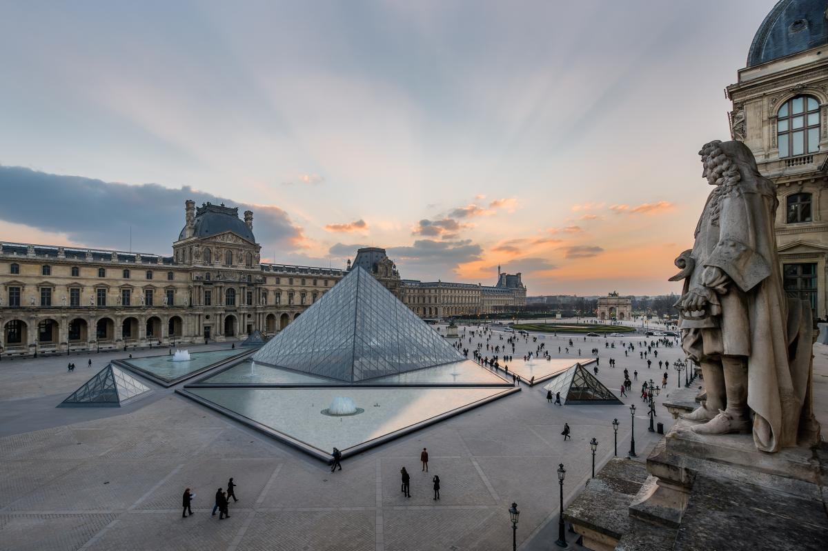 Vista dall'alto della piazza del Louvre con vista della piramide e dietro la facciata del museo