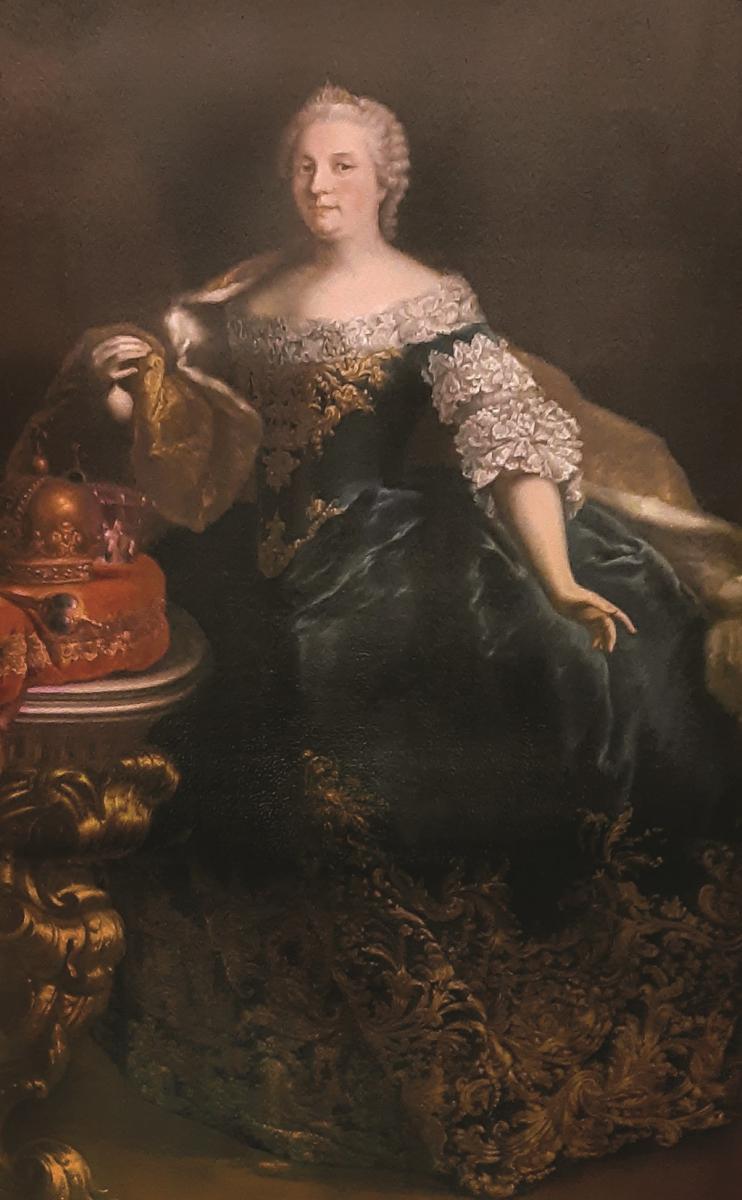 dipinto antico, ritratto di imperatrice Maria Teresa Asburgo Lorena, ampio abito blu notte e oro con pizzi bianchi