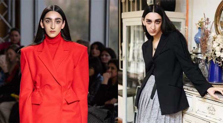 La modella Armine Harutyunyan a sinistra in passerella con un abito rosso, a destra in una foto per una campagna pubblicitaria