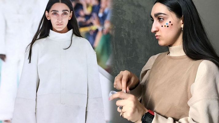 la modella Armine Harutyunyan a sinistra sulla passerella e a destra in una foto per una campagna di moda