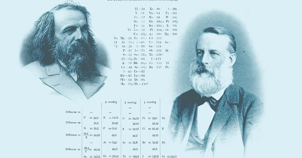 in alto a sinistra Dmitri Mendeleev in basso a destra Julius Lothar Meyer 