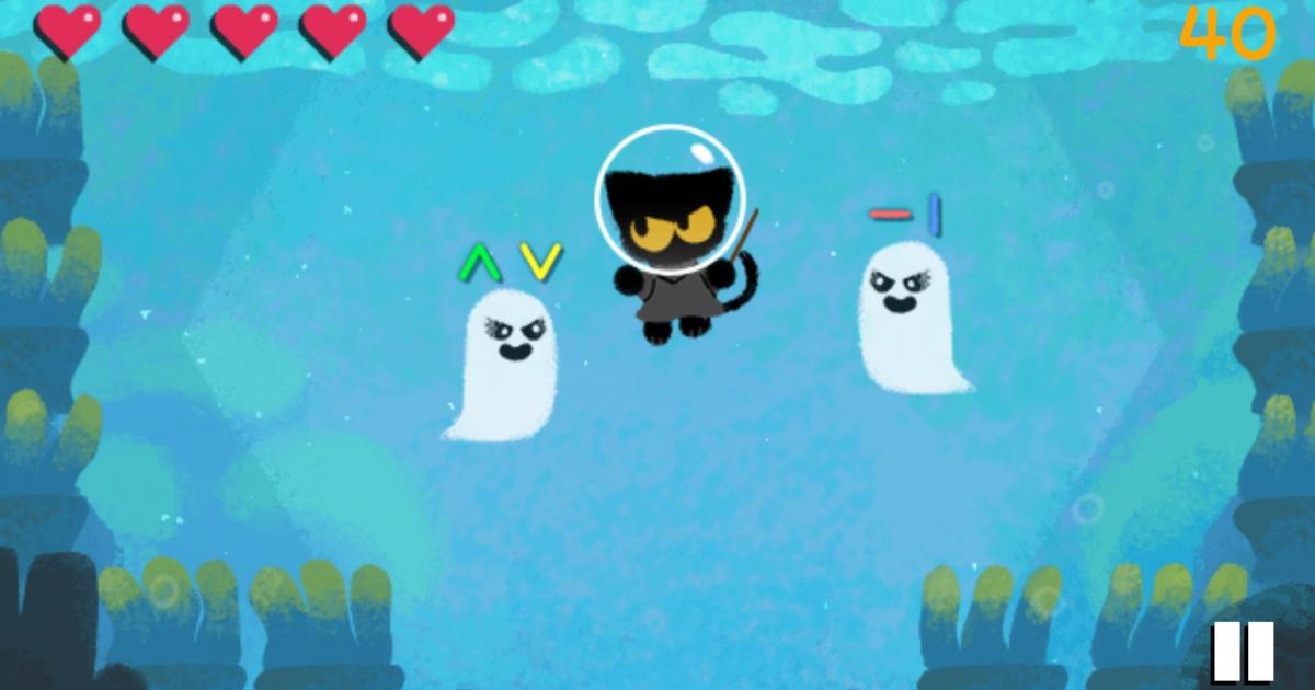 Halloween il Doodle di Google inizio del gioco con il gatto e due fantasmi