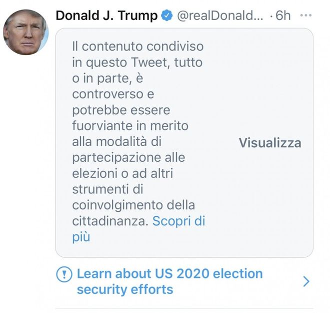 Donald Trump si autoproclama vincitore il tweet oscurato