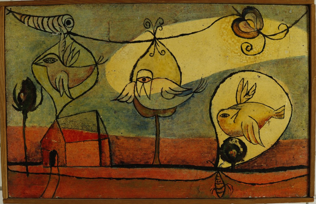 Gianni Dova Milano mostra, opera d'arte, dipinto con uccelli gialli e rosso