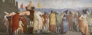 fipinto di Giandomenico Tiepolo con personaggi di spalle che osservano qualcosa di sorprendente, per il film Venezia Infinita Avanguardia
