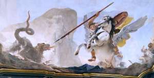 Giambattista Tiepolo a Venezia, affresco a Palazzo Sandi, soffitto, Bellerofonte a cavallo di Pegaso affronta la Chimera