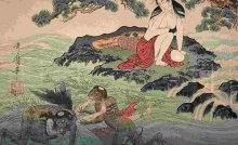 Utamaro Kitagawa, Ragazza rapita dai Kappa (1960) xilografia policroma su carta da gelso 360x508 mm